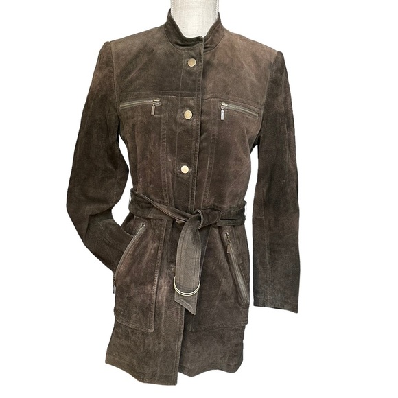 Caslon Womens Mid Length Dark Brown Suede Lather Jacket with Belt Size S - Picture 1 of 16